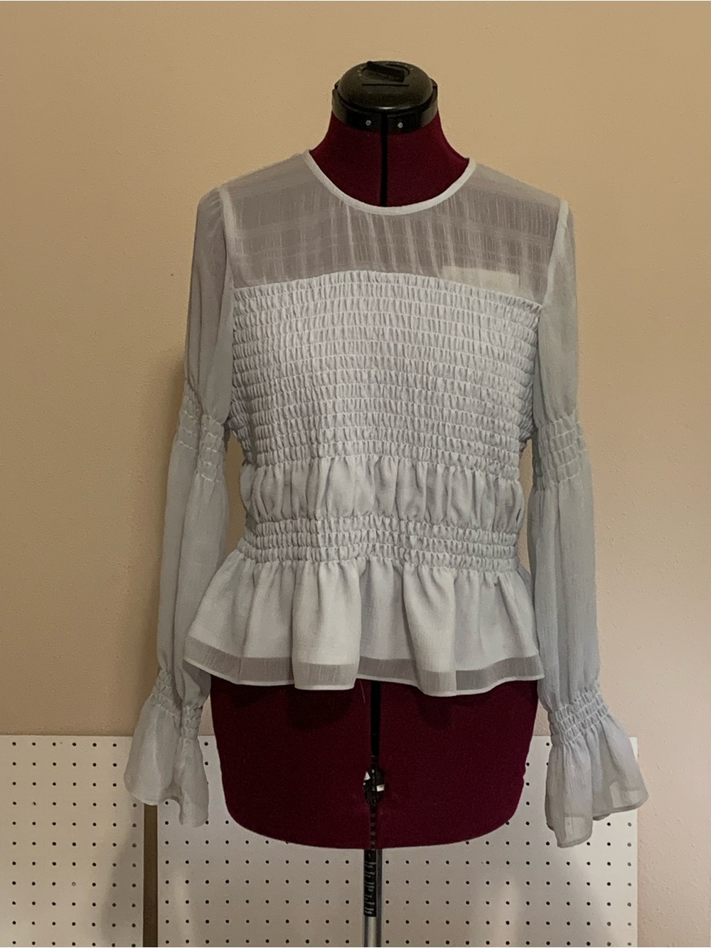 All Saints powder blue  Smocked Peplum Long-Sleeve Blouse